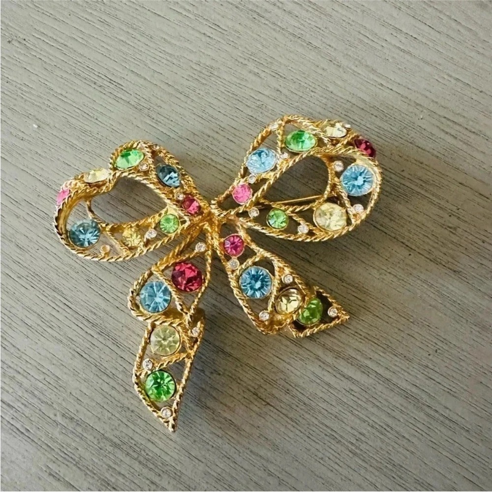 Vintage unique Large Rhinestone Bow Brooch Elegant Multicolor Bow Brooch